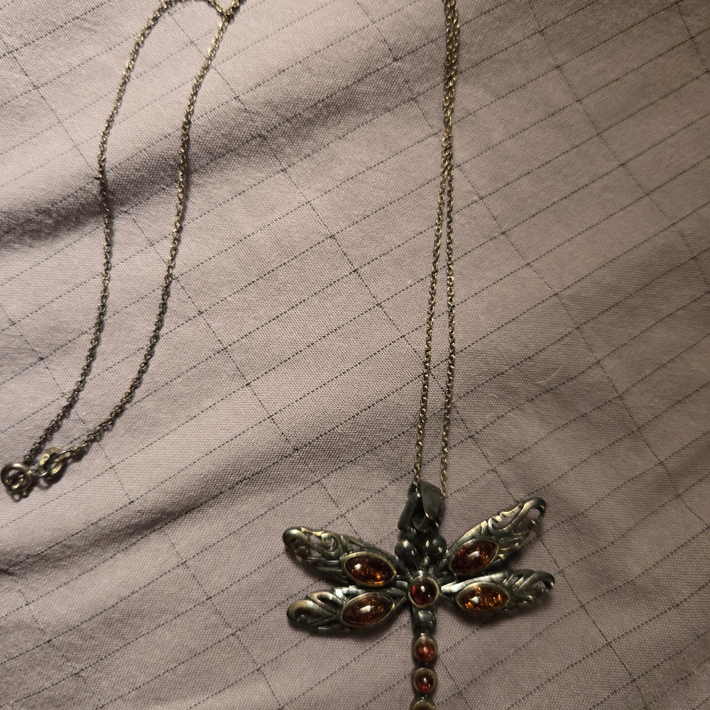 Dragonfly Pendant Necklace with Orange and Silver Accents